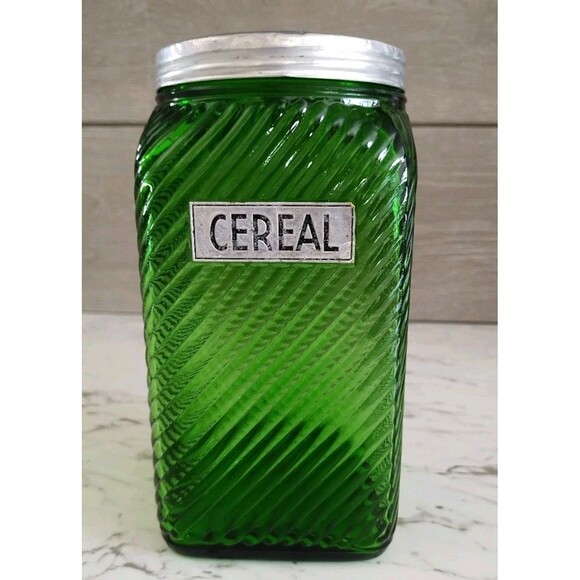 Vintage Owens Illinois Green Ribbed Glass Cereal Canister Depression Glass - Picture 1 of 9